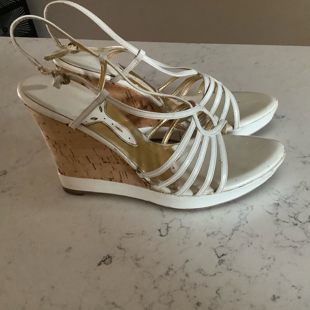 Charles David white strapy cork wedge sandals Sz 7.5